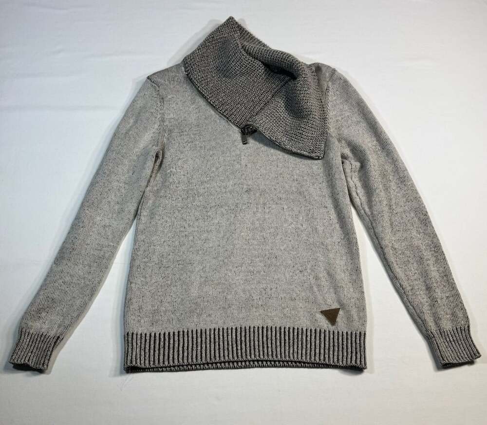 Guess Mens Gray Knit Mock Neck Pullover Sweater with Zipper Collar Size S